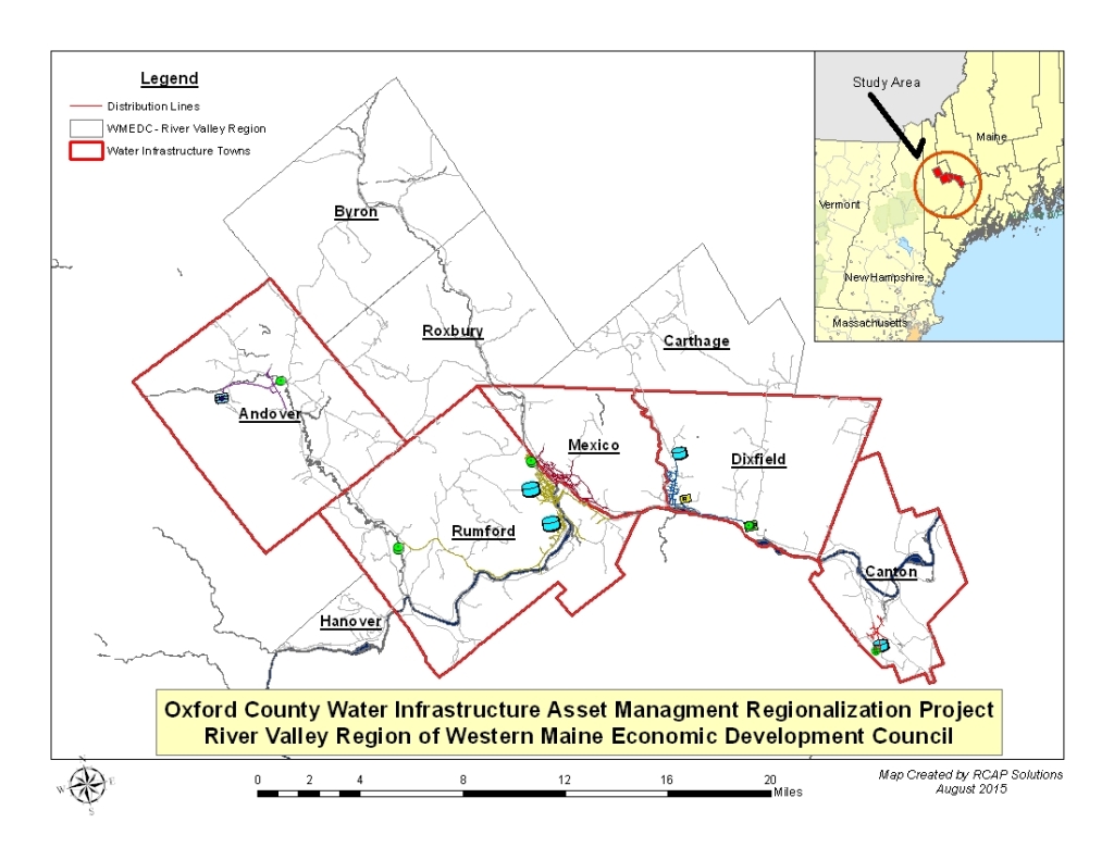 Figure 1:  Oxford County Water Infrastructure Asset Management Project showing the five core towns and the four other towns comprising the River Valley Region of the Western Maine Economic Development Council. 