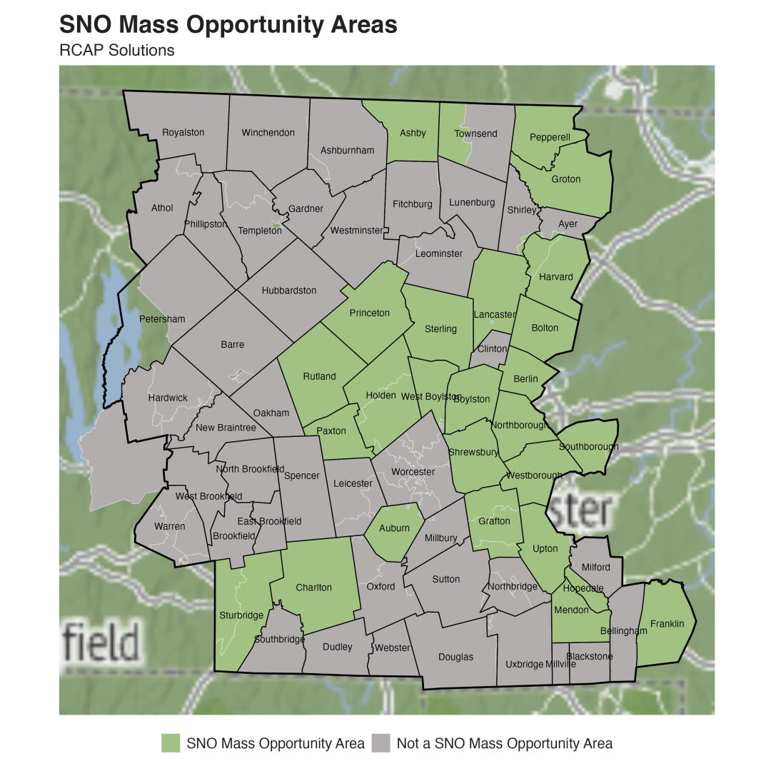 County map legend of SNO Mass Opportunity Areas (green) vs. non-OP areas (gray) across northern counties; labels show town names.