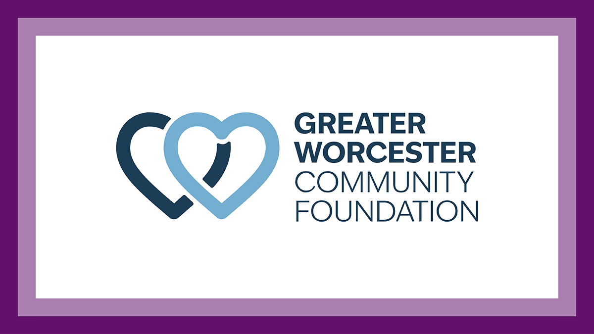 Greater Worcester Community Foundation logo with two interlocking hearts in dark and light blue beside bold text