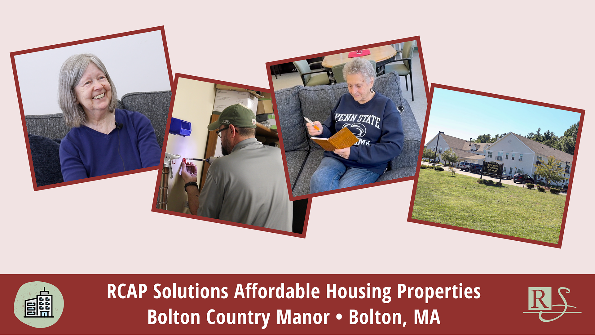 Collage of four photos on a pale pink background: a smiling senior woman on a couch, a maintenance worker at a wall, a senior woman reading, and the exterior of a housing property; banner text underneath references RCAP Solutions housing properties.